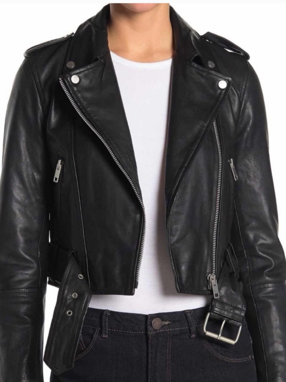 Avec Les Filles Black Leather Moto Jacket with Belt